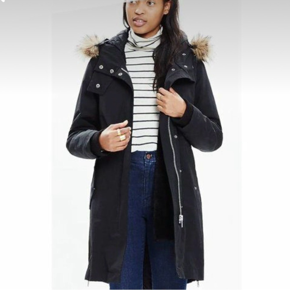 Madewell Field Parka Faux Fur Trim Black Spring Rain Coat Jacket XS